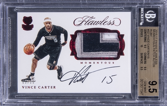 2016-17 Panini Flawless "Momentous Patch Auto" Ruby #M-VC Vince Carter Signed Patch Card (#09/15) - BGS GEM MINT 9.5/BGS 9 - TRUE GEM+!
